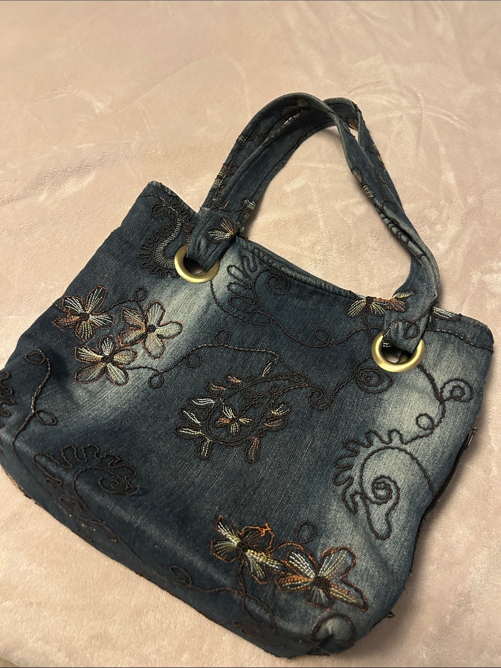 Denim Floral Embroidered Tote Bag - Blue